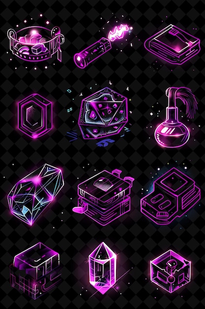 Varios íconos de tutoriales de negociación con efecto parpadeante en 8 juegos creativos de color neón de la colección Y2K