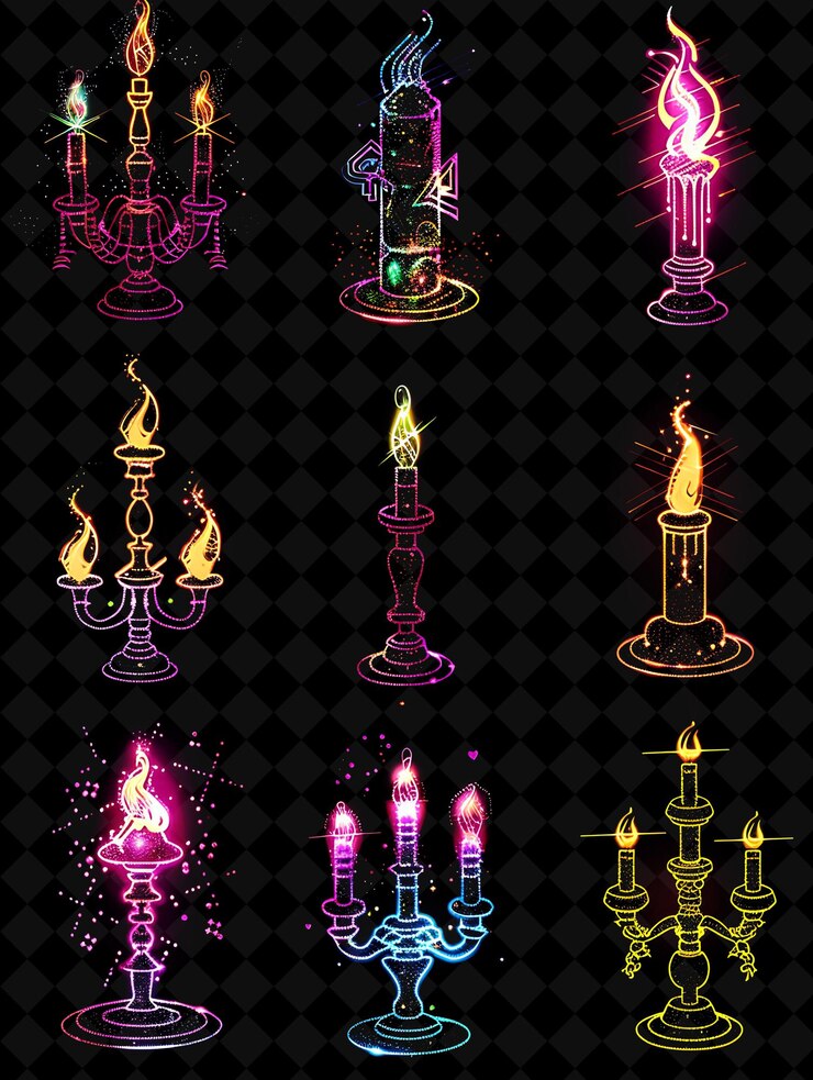 PSD varios patrones de velas iconos con efecto brillante en el conjunto creativo de color neón colección y2k