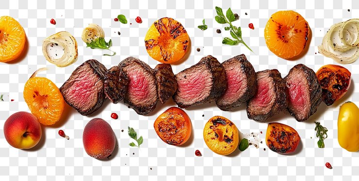 PSD varios pedazos de carne a la parrilla en un fondo transparente