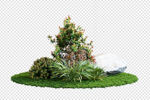 Varios tipos de hierba y plantas y rocas en renderizado 3d aislado