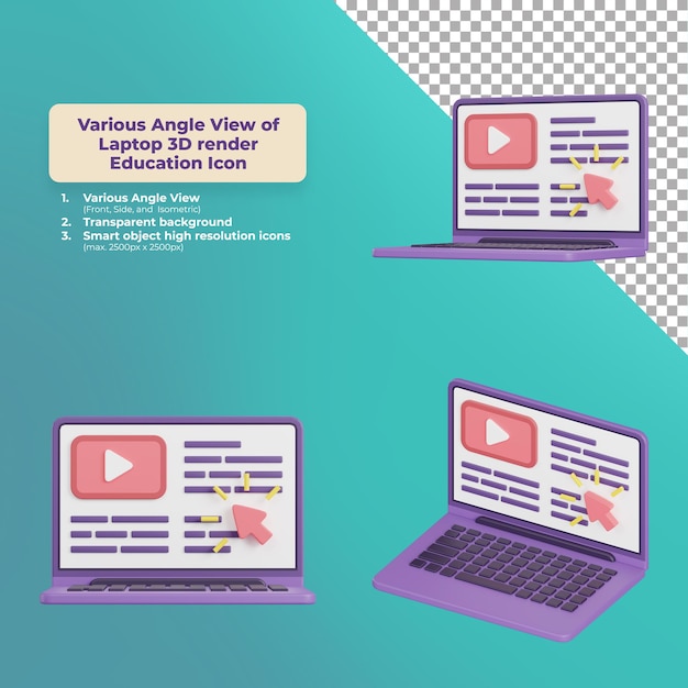 Varios vista de ángulo portátil 3D render educación icon.jpg
