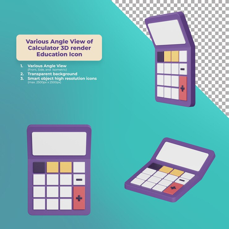 PSD various angle view calculator 3d render education icon