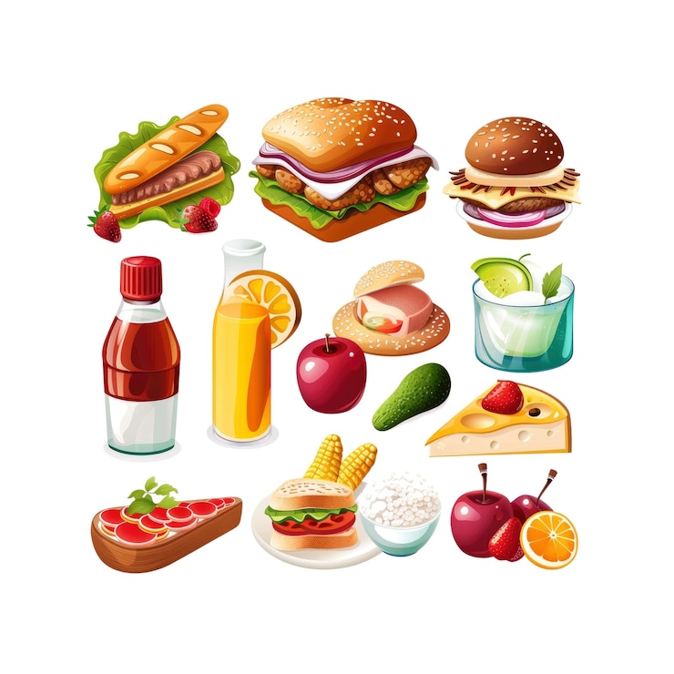 PSD various food items isolated on a white background