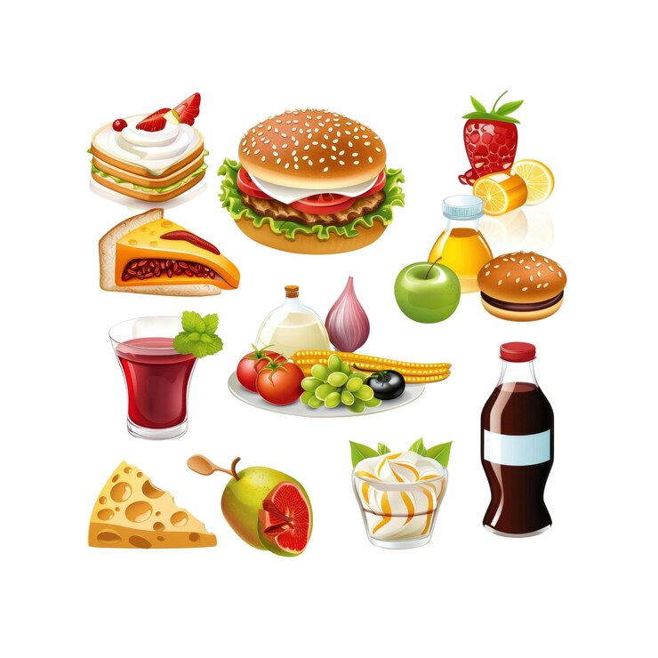 PSD various food items isolated on a white background