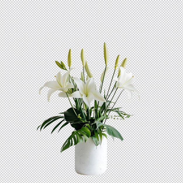 PSD un vase blanc avec des fleurs et des feuilles vertes et des fleurs blanches