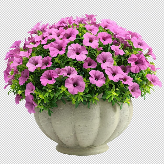 PSD un vase blanc avec des fleurs violettes et des feuilles vertes