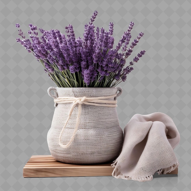 PSD un vase de fleurs de lavande est posé sur une étagère avec un tissu dessus