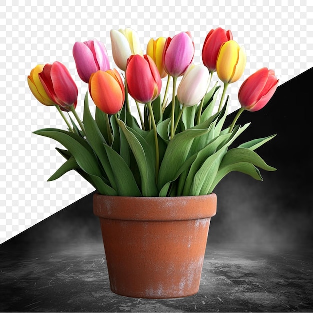 un vase de tulipes avec un fond noir et un fond blanc