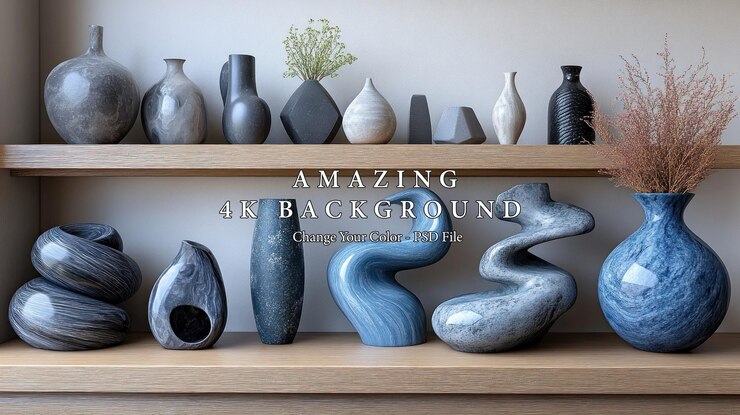 PSD des vases en céramique et en marbre sur des étagères