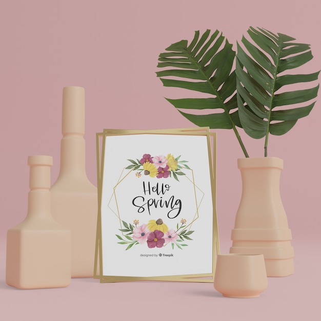 Vasi 3d e fogliame con ciao primavera card mock-up