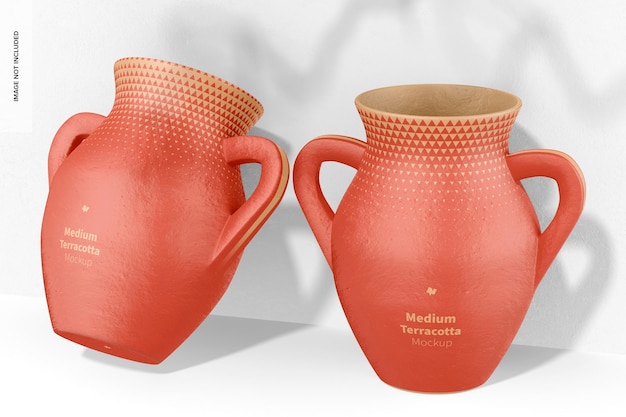 Vasi medi in terracotta con manici Mockup, appoggiati