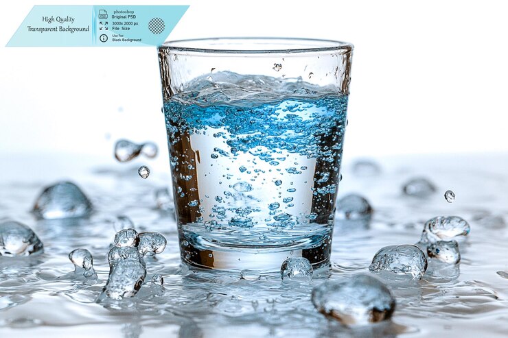PSD vaso de agua con agua que se derrama aislado en un fondo transparente