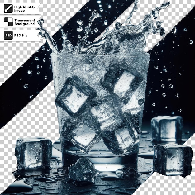 Vaso de agua psd con hielo sobre fondo transparente
