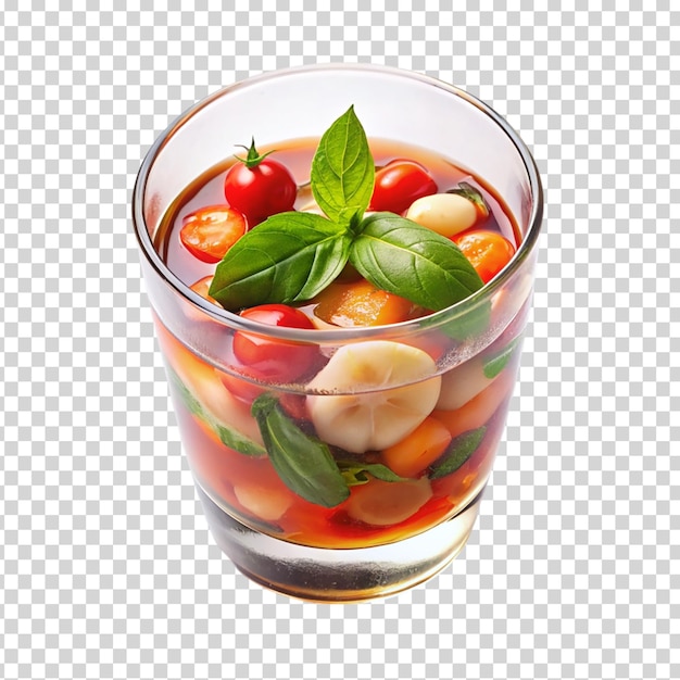 PSD un vaso de agua con tomates y hojas de albahaca en un fondo transparente