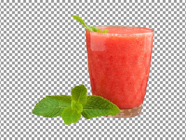 Vaso de batido de fresa fresca con una hoja de menta sobre fondo transparente