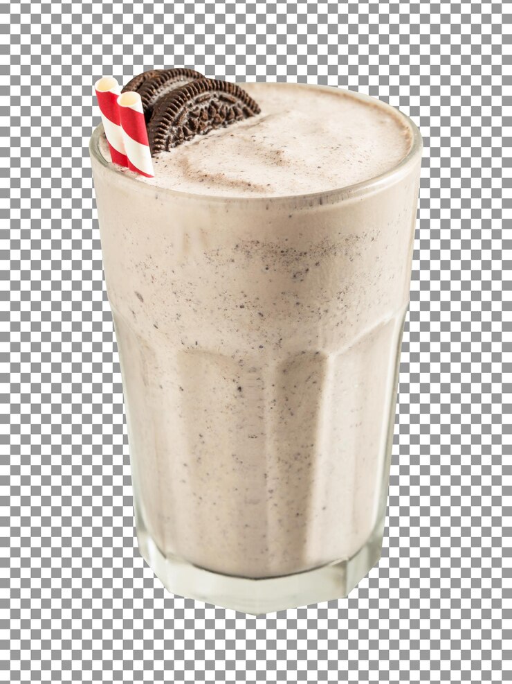PSD vaso de batido de galleta de chocolate con una pajita sobre fondo transparente