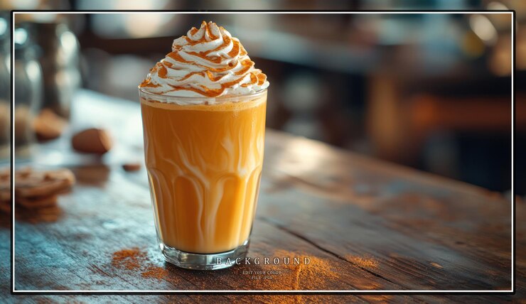 PSD un vaso de café con especias de calabaza helada con crema batida en una mesa de madera