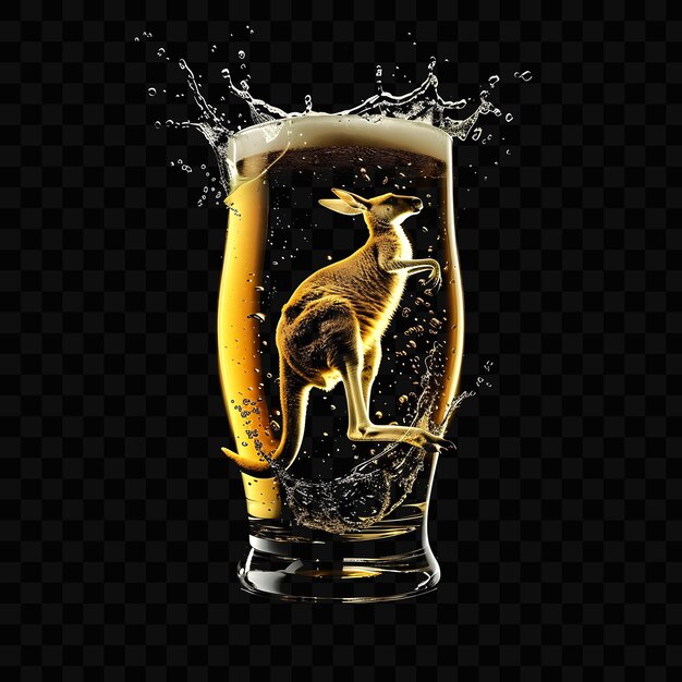 Un vaso de cerveza con un canguro y un ciervo en él