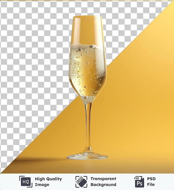 Vaso de champán burbujeante en una mesa contra una pared amarilla con un tallo delgado visible en primer plano
