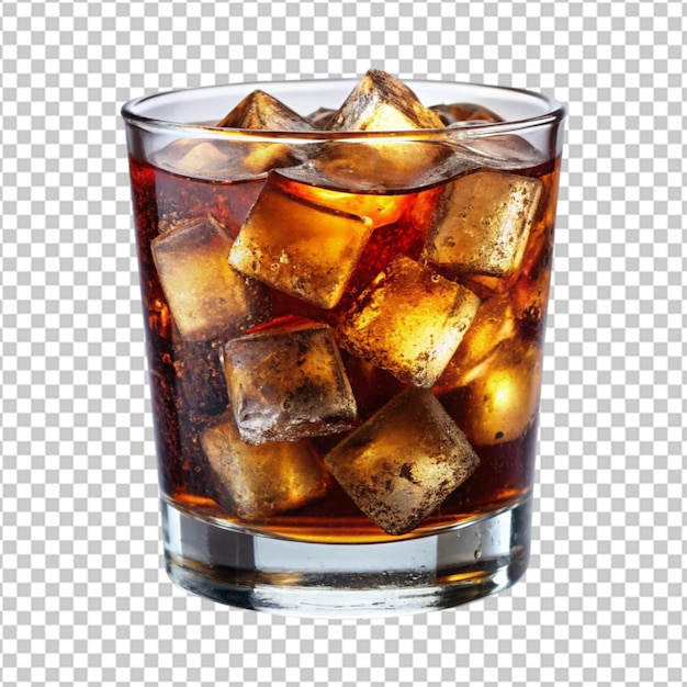 Un vaso de cola con cubitos de hielo.