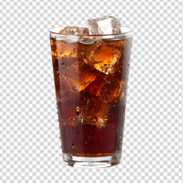 Un vaso de cola con cubitos de hielo.