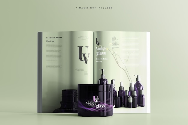 Vaso cosmetico in vetro UV con mockup di riviste