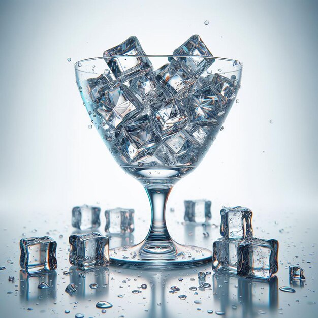 Un vaso de cubos de hielo se sienta en una mesa con cubos de hielo y cubos de hierro