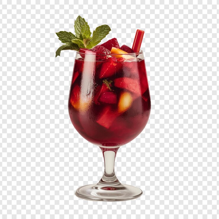 Vaso da cocktail rosso sangria PSD con foglia di menta su sfondo trasparente