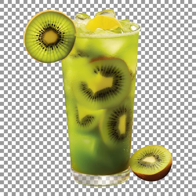 PSD vaso de bebida de suco de kiwi saboroso com fatias isoladas em um fundo transparente