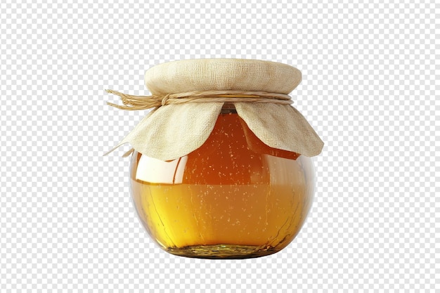 Vaso di miele di vetro classico con coperchio di legno isolato su sfondo trasparente