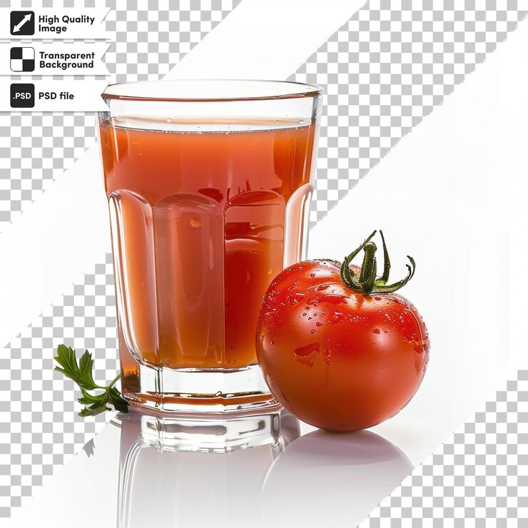 PSD un vaso de jugo al lado de un tomate y un tomate