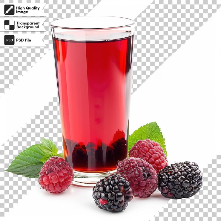 PSD un vaso de jugo de frambuesa con una imagen de frambuesas