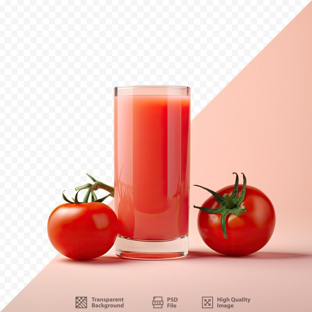 Un vaso de jugo y un jugo de tomate con una foto de tomates.