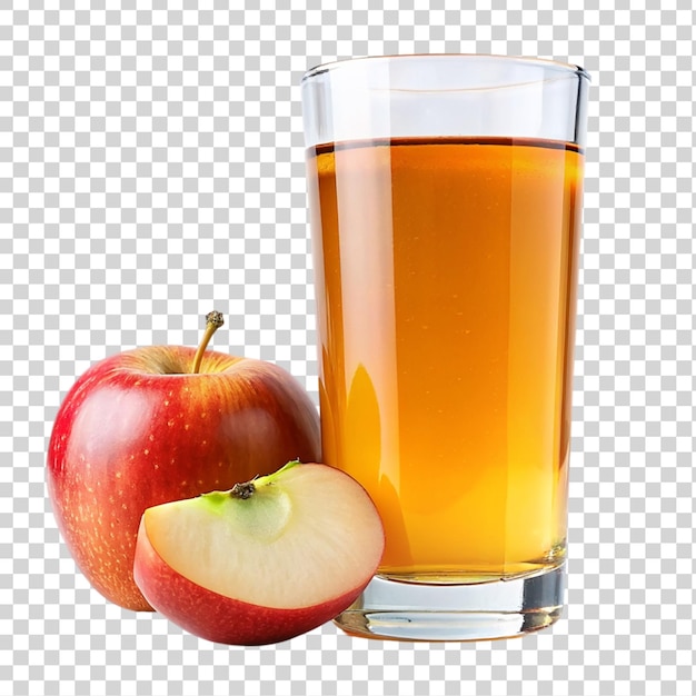 Vaso de jugo de manzana con manzanas y hojas aisladas sobre un fondo transparente