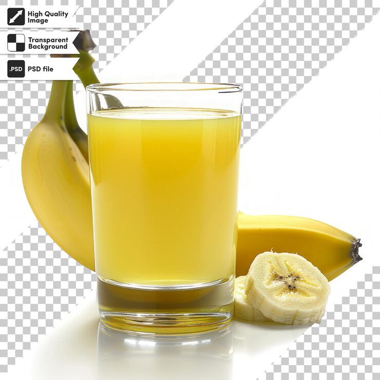 PSD un vaso de jugo de naranja al lado de un plátano y un plácano
