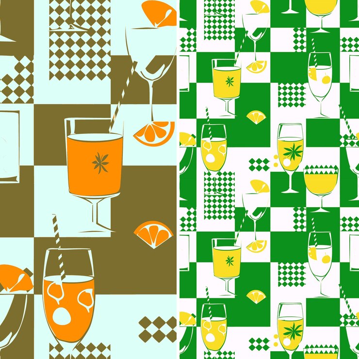 PSD un vaso de jugo de naranja está en un mantel de cuadros verde y blanco