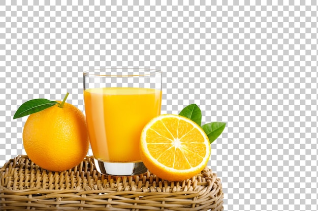 Vaso de jugo de naranja fresco en una canasta frutas frescas jugo de narenja en vaso con grupo en fondo transparente png