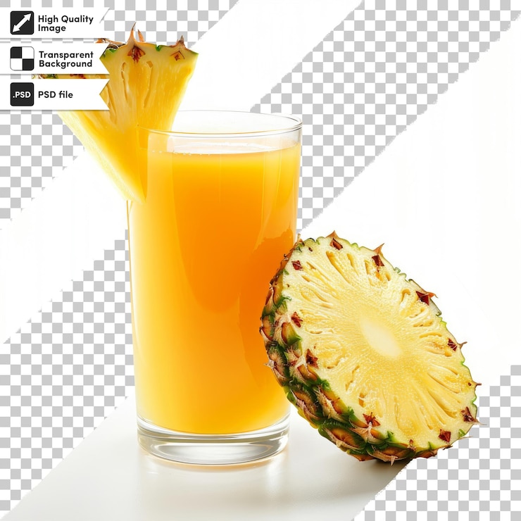 PSD un vaso de jugo de naranja con una imagen de una piña y un vaso medio lleno de jugo de naranja