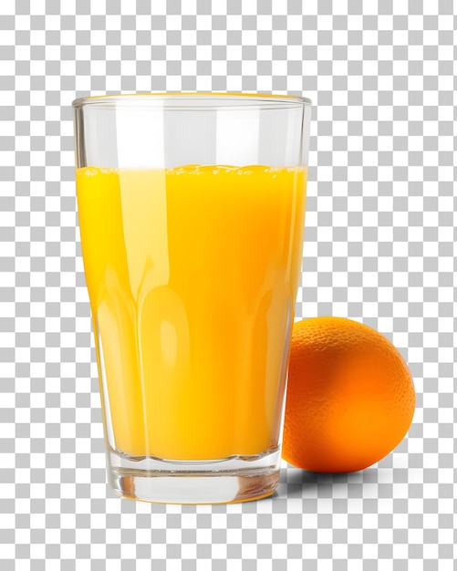 Un vaso de jugo de naranja con una naranja sobre un fondo transparente.