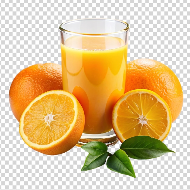 PSD un vaso de jugo de naranja con una rebanada de narenja y una hoja en un fondo transparente