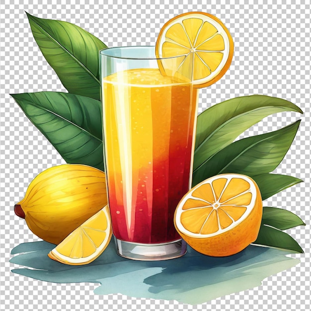 Un vaso de jugo de naranja con rebanadas de limón y hojas