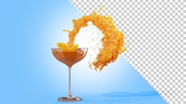 Vaso de jugo de naranja y splash 3d render cóctel de naranja y salpicaduras el jugo se vierte del vaso