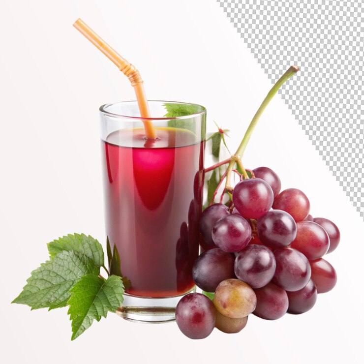 PSD vaso de jugo con rama de uva de paja de cóctel sobre un fondo transparente