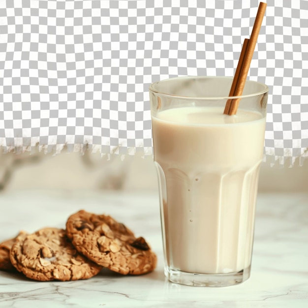 PSD un vaso de leche al lado de una galleta y una galleta con una pajita en ella