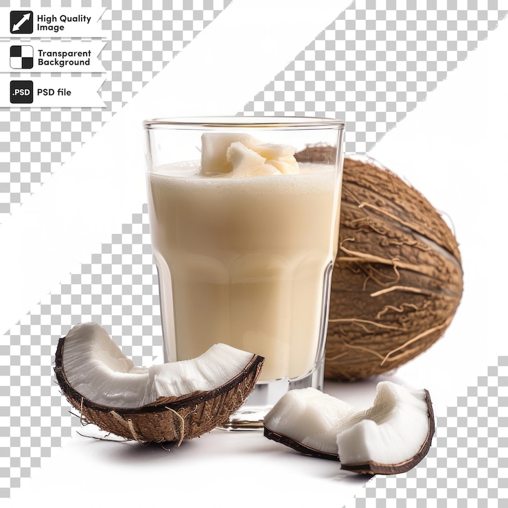 PSD un vaso de leche de coco con un coco en el fondo