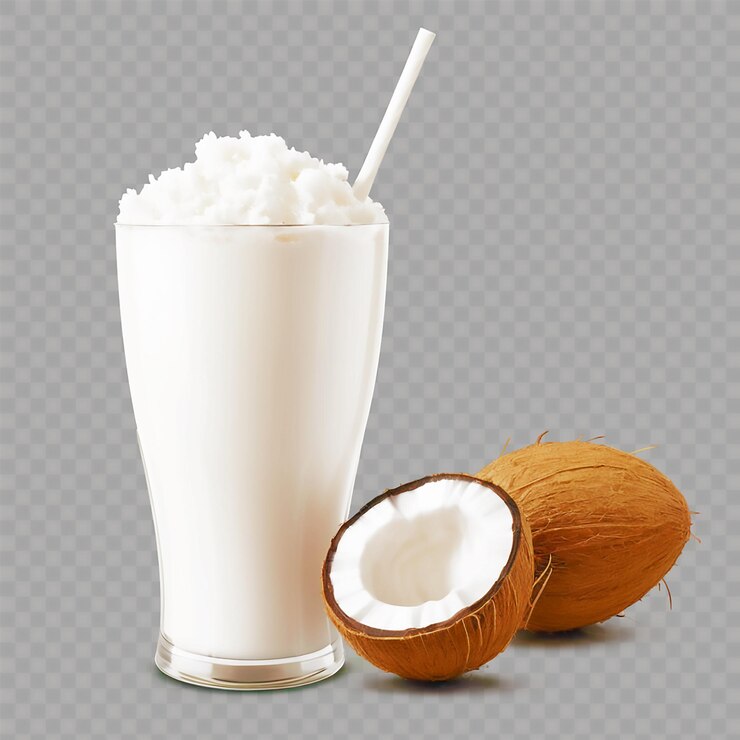 PSD un vaso de leche de coco con leche de cocos y leche de cocos