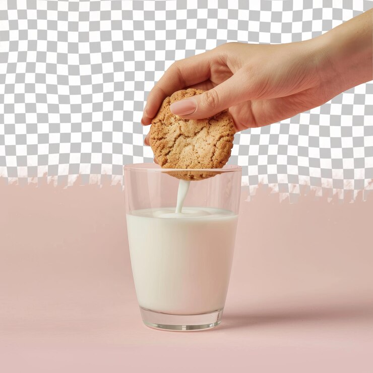 PSD un vaso de leche con una galleta que se vierte en él