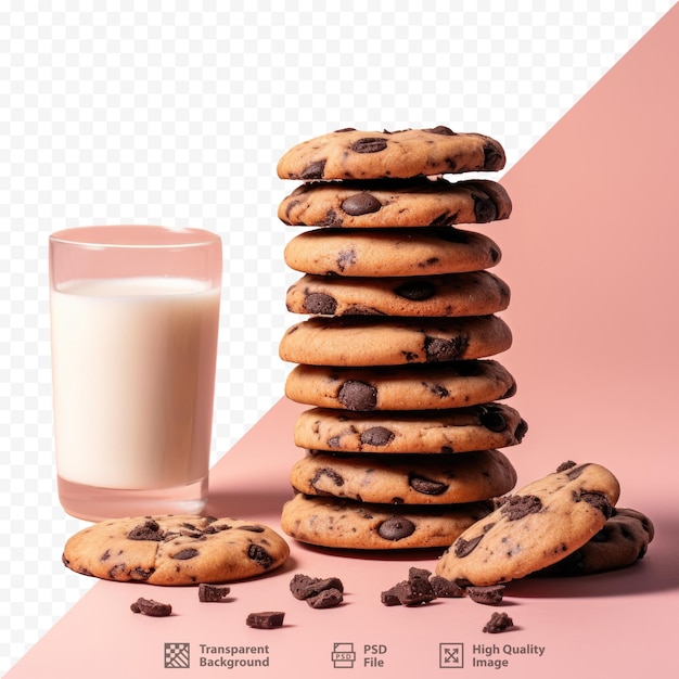 PSD un vaso de leche junto a una pila de galletas con chispas de chocolate.