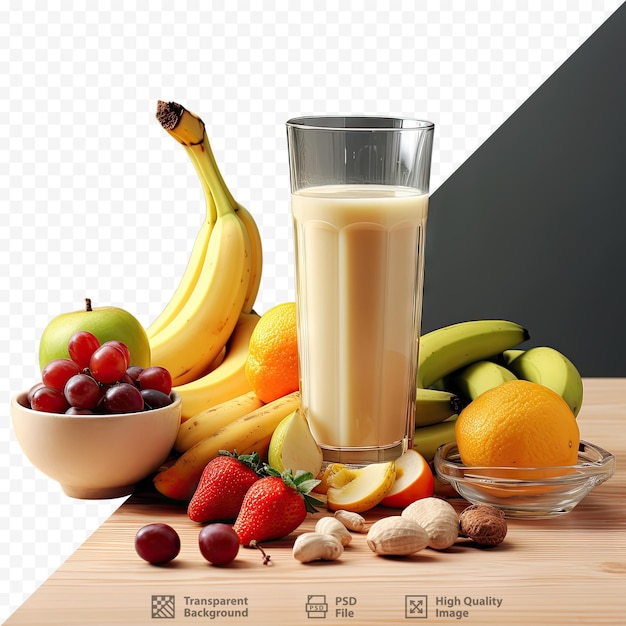 Un vaso de leche junto a un plato de fruta y un vaso de leche.