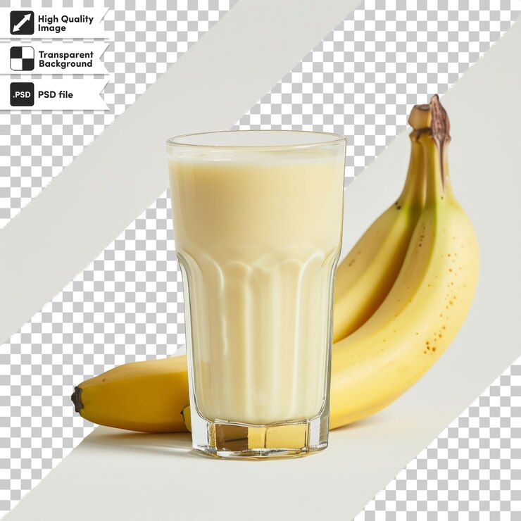PSD un vaso de leche y un plátano en una mesa